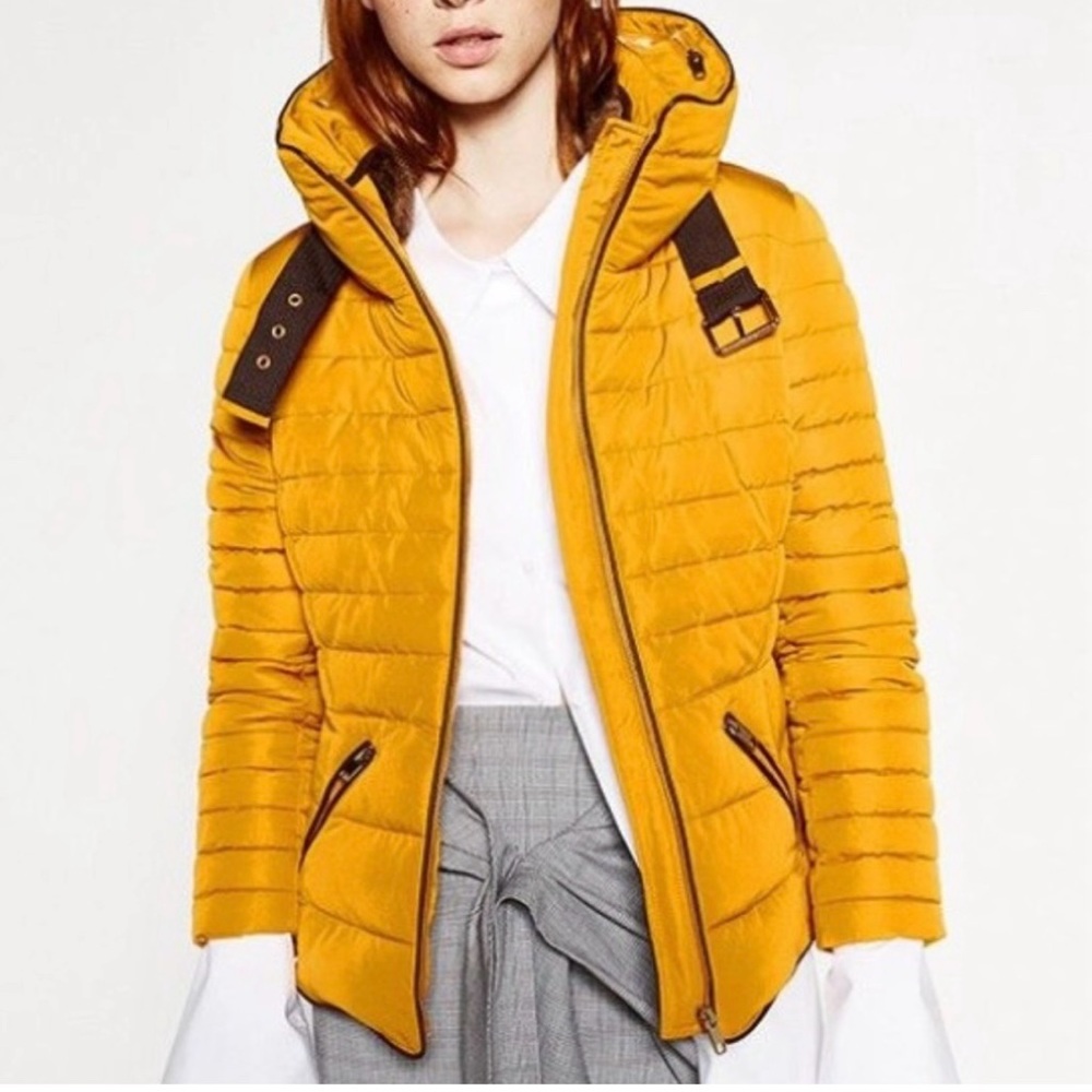ZARA Yellow Mustard Belted Collar Puffer Anorak Jacket